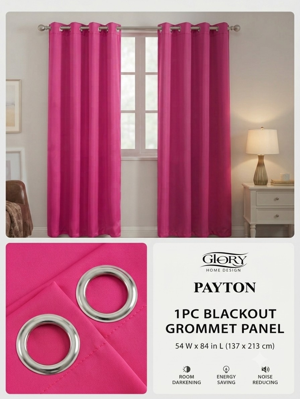 2 Pieces Blackout Grommet Curtain Panel in Fuchsia 54x84